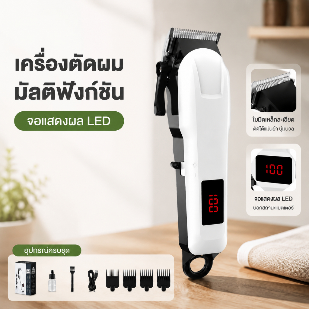แบตตาเลี่ยนตัดผมไฟฟ้า หน้าจอ LED อัจฉริยะ มอเตอร์ทรงพลังไม่กินผม สำหรับช่างผมและใช้งานในบ้าน