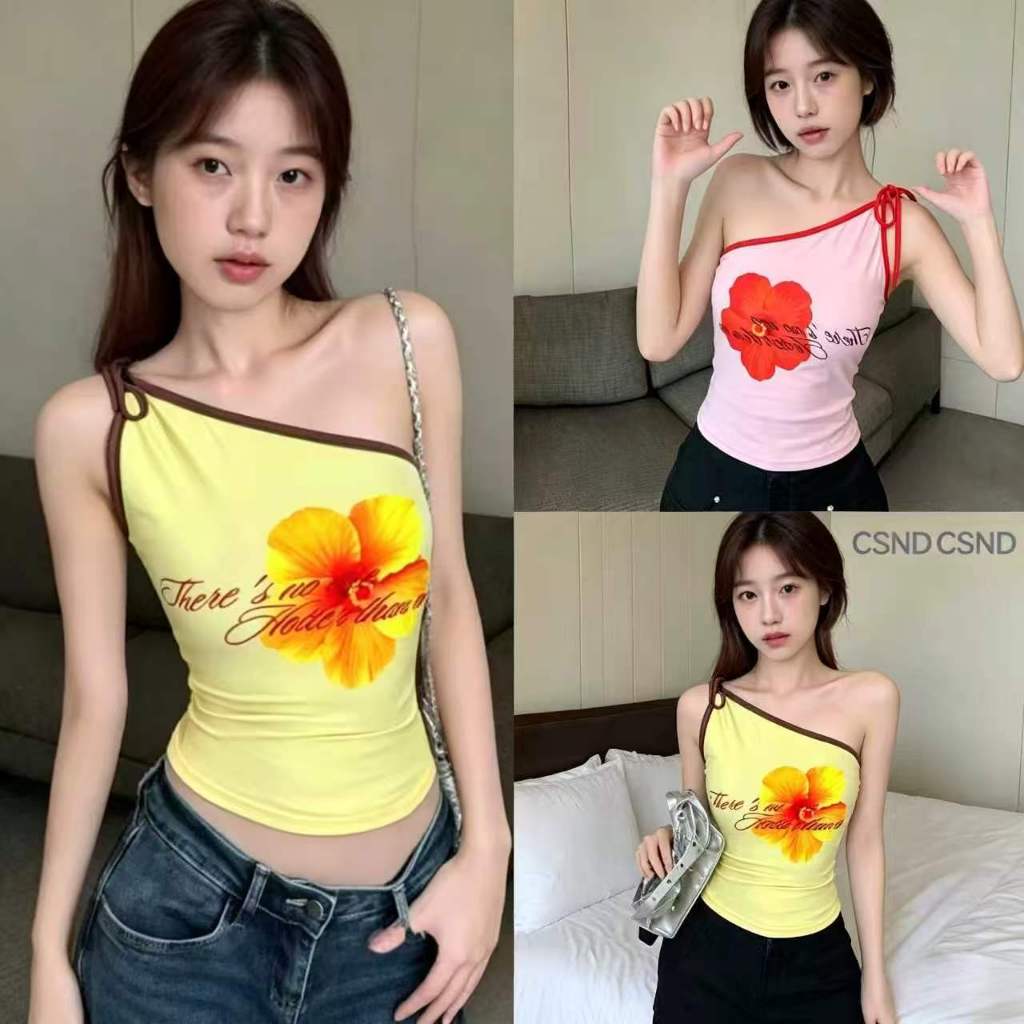 🔥【CSND】เสื้อกล้ามเปิดไหล่ลายพิมพ์กลางตัว สายเดี่ยว เซ็กซี่ Street x Fashion ราคาถูก S-XL