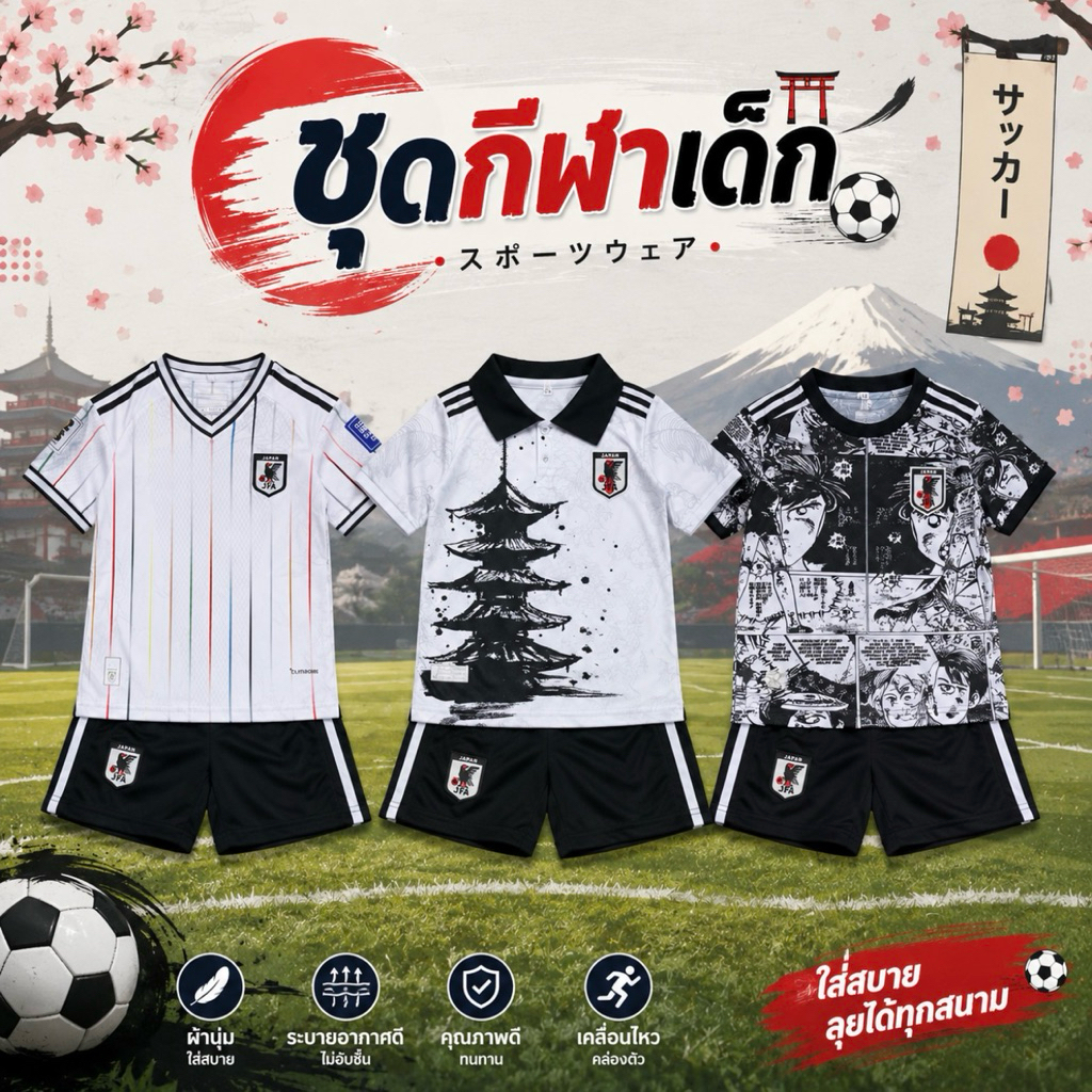 ชุดกีฬาเด็กทีมชาติญี่ปุ่น 🇯🇵⚽ เซ็ตเสื้อ+กางเกง ผ้านุ่ม ใส่สบาย ระบายอากาศดี ไม่บาง ไม่หนา เด็กใส่ได้สบายทั้งวัน ✨
