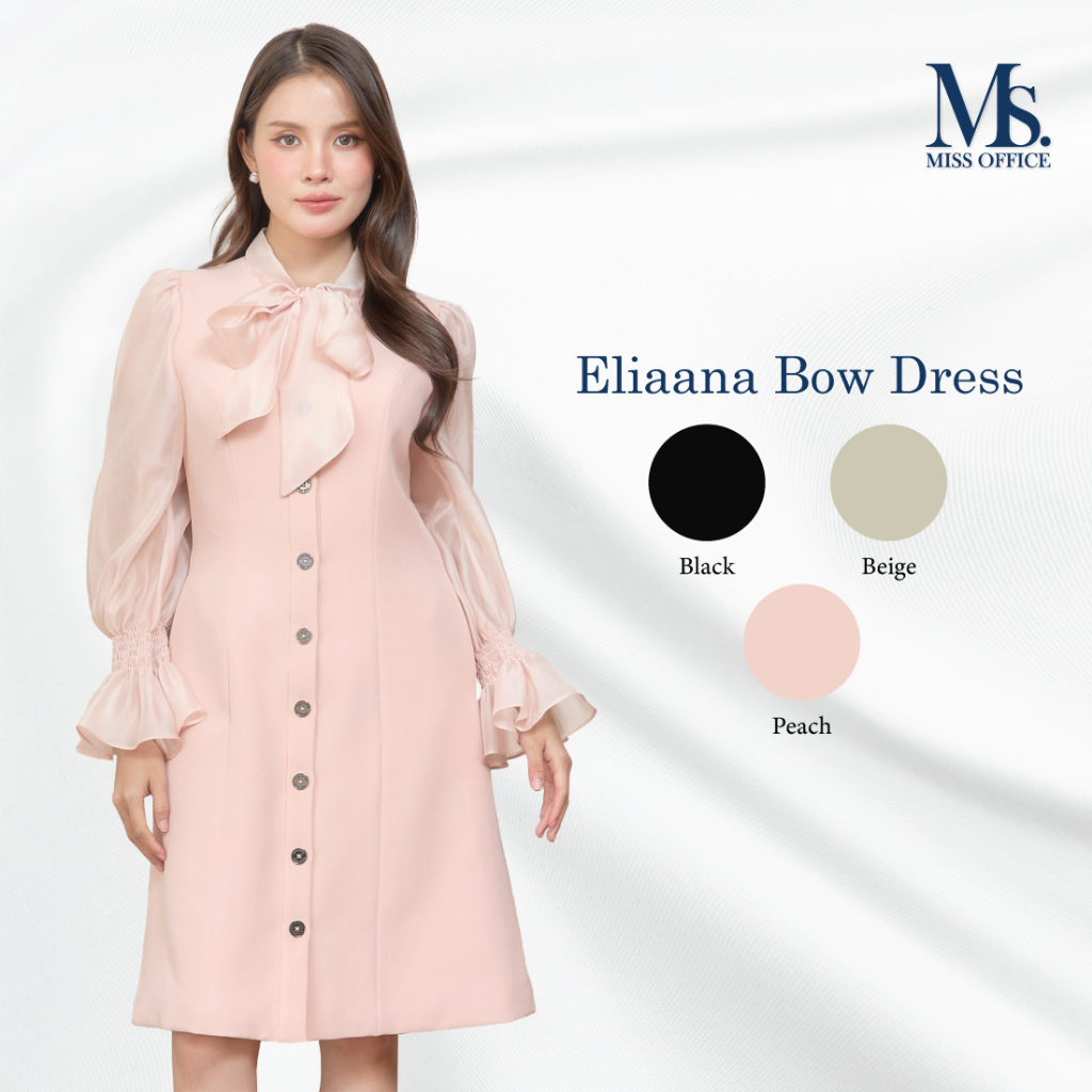 Miss Office เดรสคอผูกโบว์แขนพองกระโปรงทรงเอ (Eliana Bow Dress : MD-140)