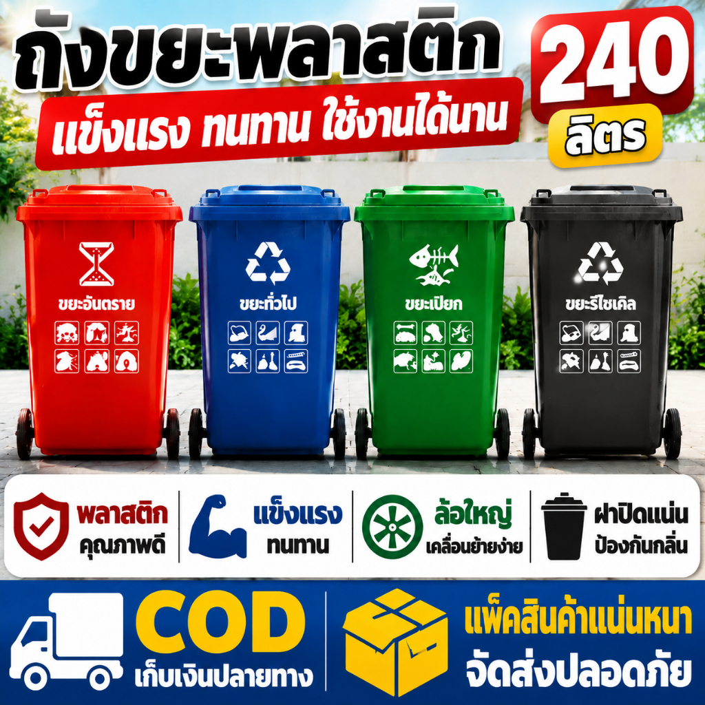 ถังขยะ รุ่น 120L/240L มีล้อ ใช้ภายในและภายนอกบ้าน ทนทาน สวยงาม ถังขยะพลาสติก ถังขยะมีฝาปิด ที่แยกขยะ ถังขยะใหญ่
