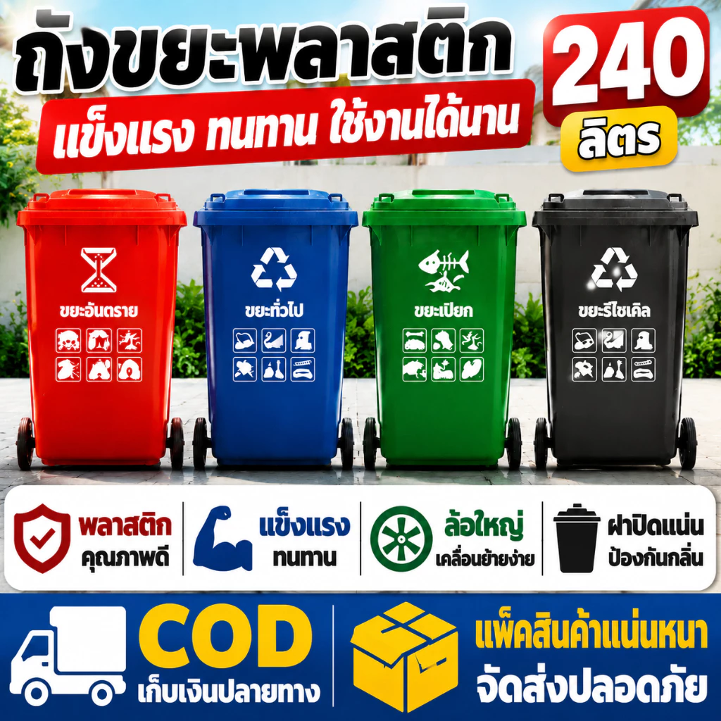 🔥 ถังขยะ🔥 รุ่น 120L/240L มีล้อ ใช้ภายในและภายนอกบ้าน ทนทาน สวยงาม ถังขยะพลาสติก ถังขยะมีฝาปิด ที่แยกขยะ ถังขยะใหญ่