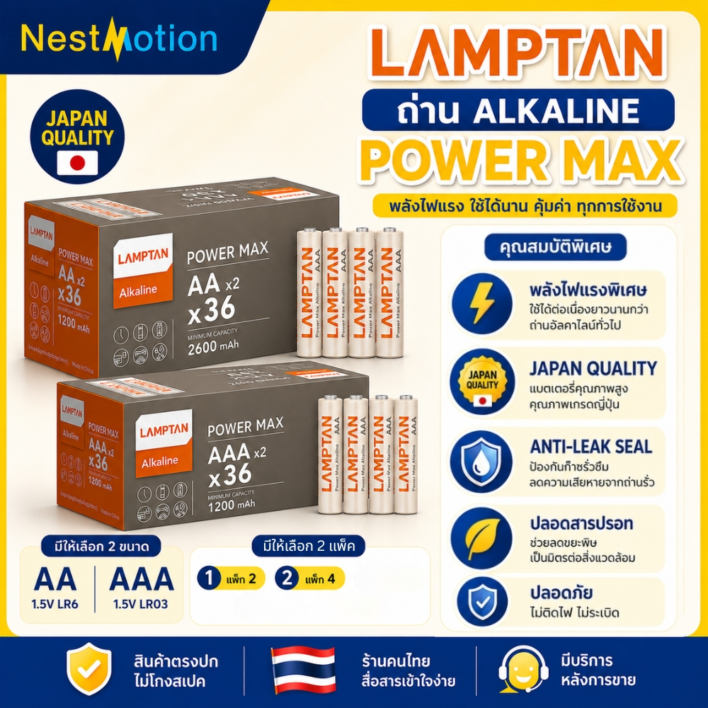 LAMPTAN ถ่านอัลคาไลน์ Power Max AA / AAA 1.5V (2 ก้อน/แพ็ค) ถ่านไฟแรง อายุการใช้งานยาว