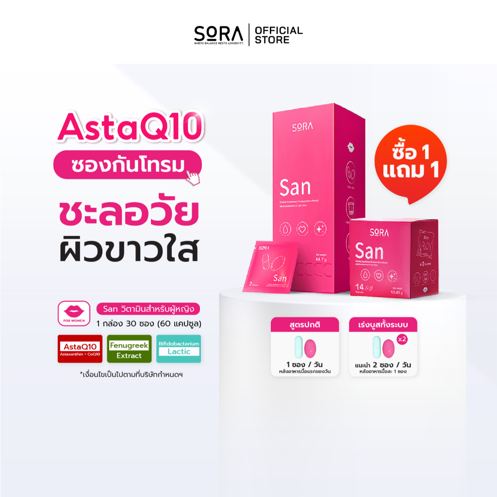 Sora SAN วิตามินซองกันโทรม 1 แถม 1 l สูตร AstaQ10 กู้ผิวหมอง ปกป้องผิวจากแดด เสริมพลังงาน บูสสมองเฟรช