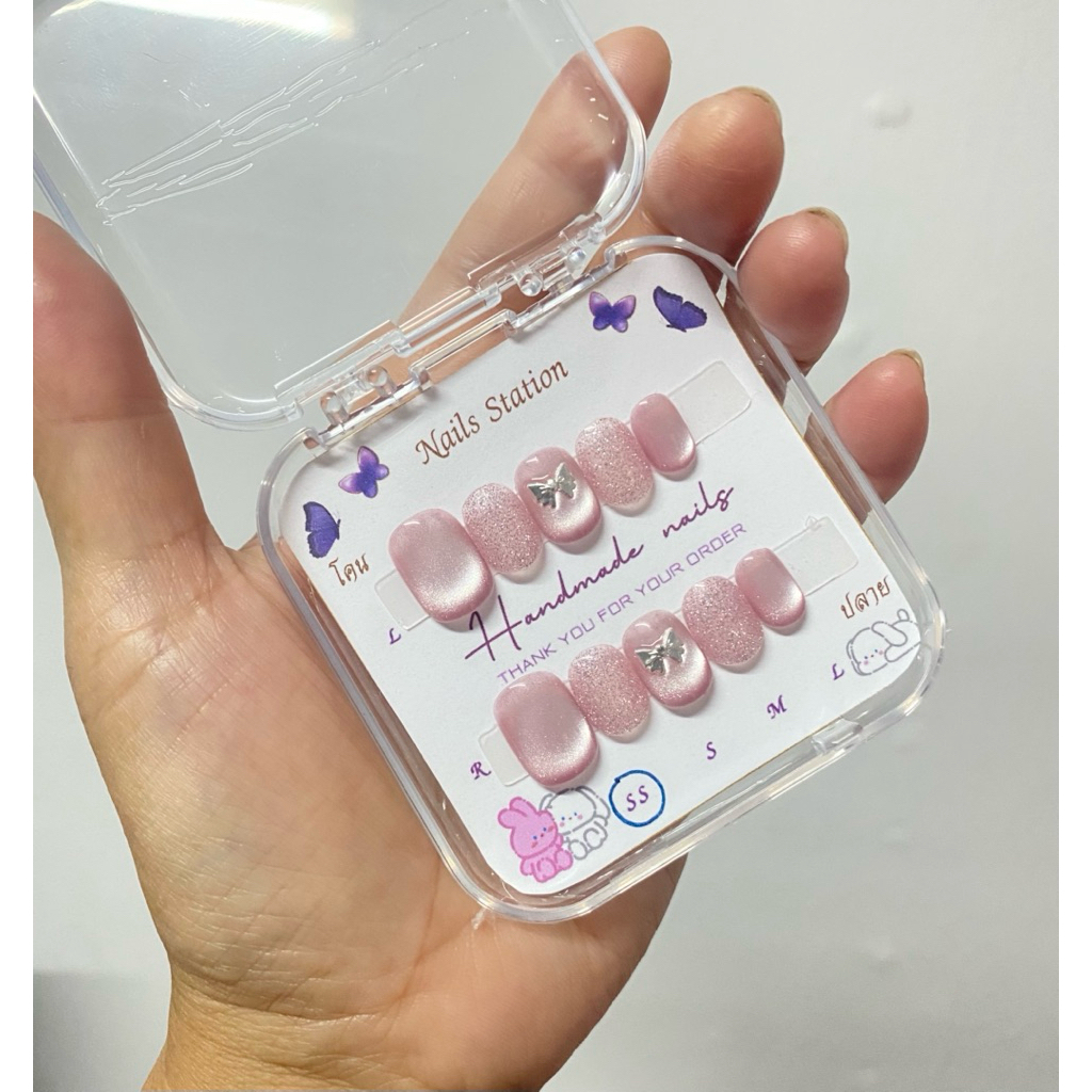 เล็บลูกแก้วสีชมพูกลิตเตอร์ติดโบว์ My100Zj05 เล็บเจลสำเร็จรูปพร้อมติด เลือกทรงได้ งานแฮนด์เมดสีเจลแท้ ฟรีกาว-ตะไบ