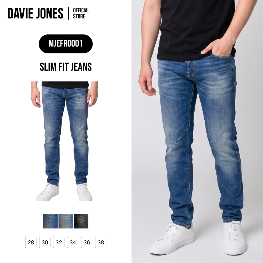 DAVIE JONES [BE FEARLESS] กางเกงยีนส์ผู้ชาย Slim Fit Jeans สีน้ำเงิน น้ำเงินฟอก ดำฟอก FR0001