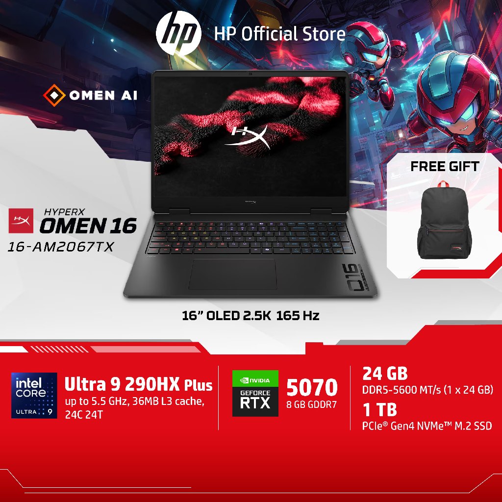 HyperX OMEN 16 | Ultra 9 290HX Plus | RTX5070 | 24GB/1TB | 2.5K OLED | Win11 | 16-am2067TX