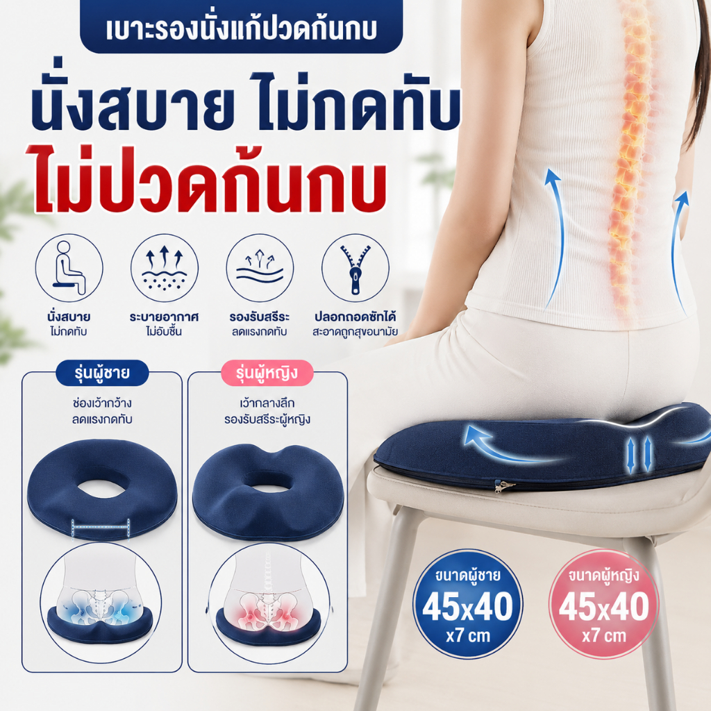 เบาะรองนั่ง เมมโมรี่โฟม หมอนโดนัท ลดอาการชา ลดปวดก้น นั่งนานไม่เมื่อย ดีไซน์ถูกหลักสรีระ ผู้ชาย ผ้าระบายอากาศ ระบายความร