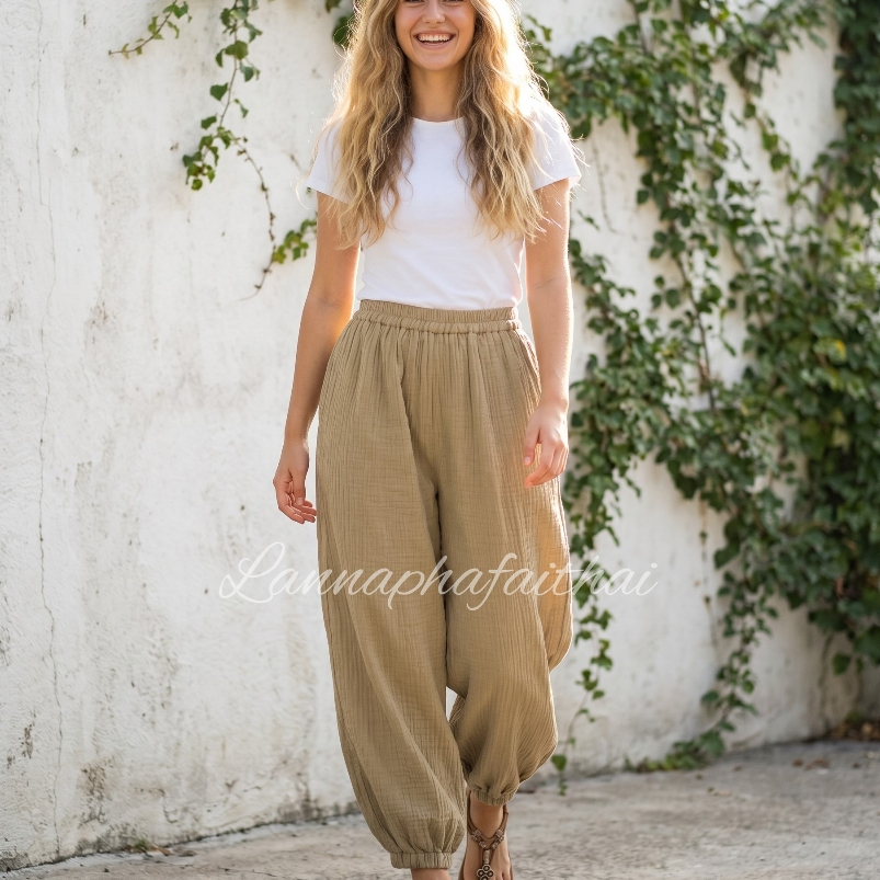 Lannaphafaithai กางเกงขายาวผู้หญิงผ้าฝ้ายฟอกนุ่ม ทรงฮาเร็ม เอวยางยืด Cotton Harem Pants