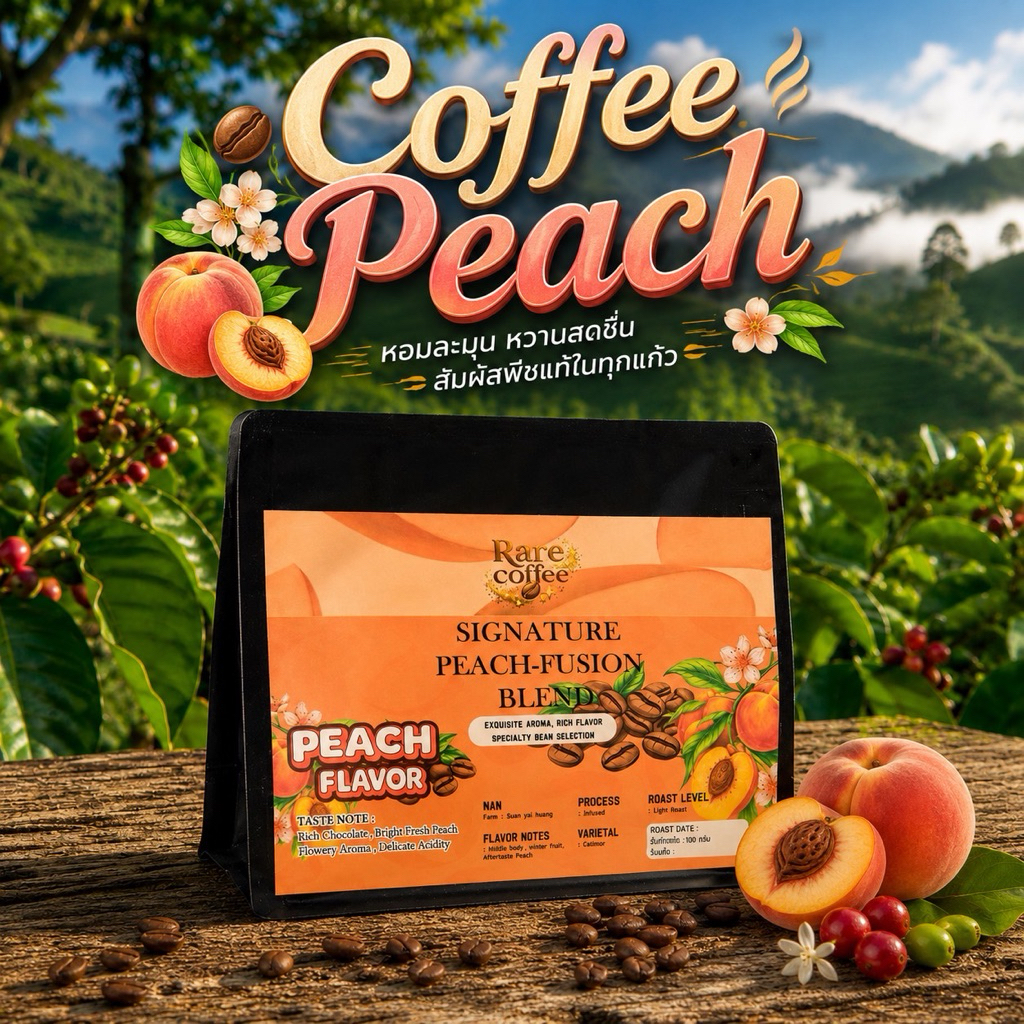 100%เมล็ดกาแฟคั่วกลางคัดพิเศษหอม กลิ่นพีช Rare coffee 100 กรัม