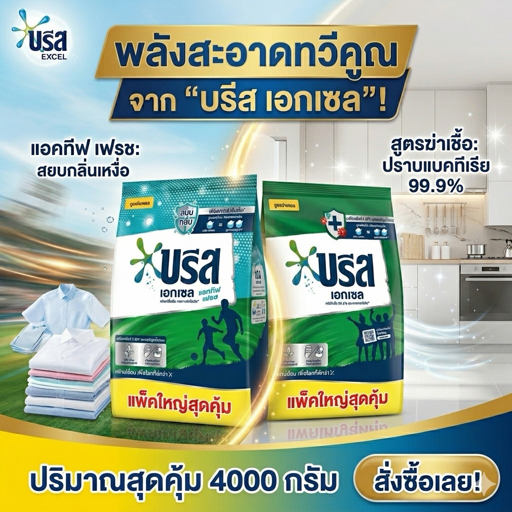 [ส่งฟรี/ของแท้] Breeze Excel บรีส เอกเซล 4,000g แพ็คใหญ่สุดคุ้ม ผงซักฟอกสูตรเข้มข้น พลังสะอาดทวีคูณ"