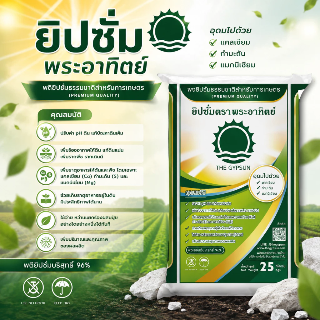 ยิปซั่มตราพระอาทิตย์ ผงยิปซั่มธรรมชาติทางการเกษตร ประหยัดต้นทุน เพิ่มผลผลิตคุณภาพ (ใช้โค้ดส่งฟรี300฿ได้นะคะ)