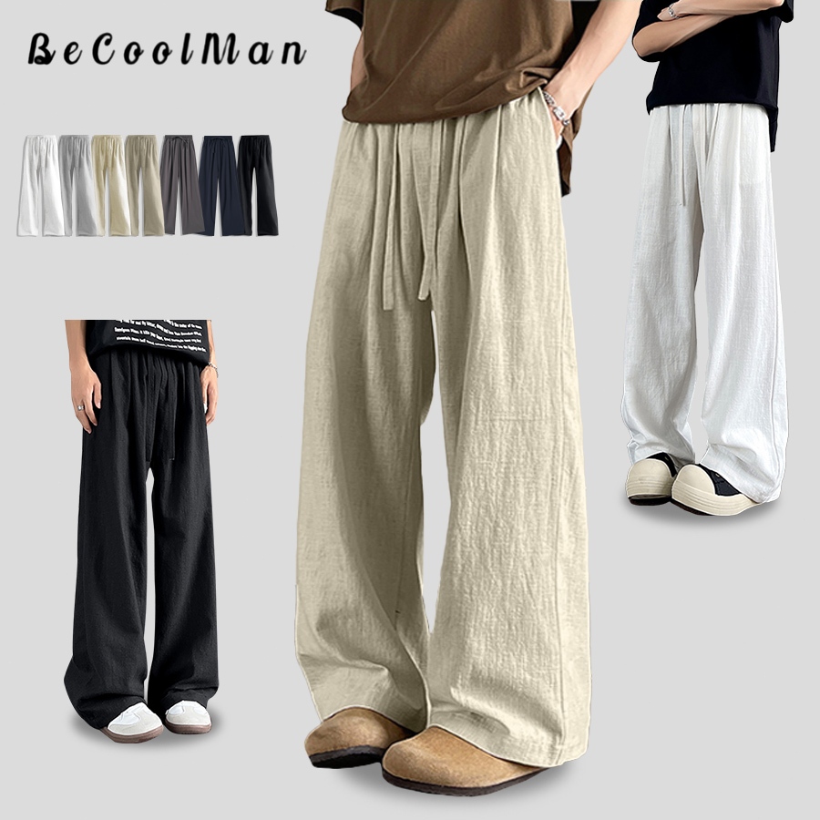 BECoolMan กางเกงยีนส์วินเทจสไตล์อเมริกัน ขากว้าง ทำให้ดูผอมเพรียว รุ่นเดียวกันทั้งชายและหญิง เอวยางยืด ลายสก๊อตเย็บต่อกั