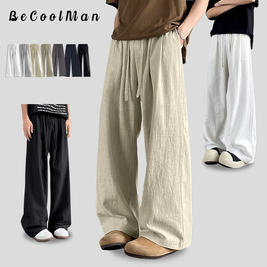 BECoolMan กางเกงยีนส์วินเทจสไตล์อเมริกัน ขากว้าง ทำให้ดูผอมเพรียว รุ่นเดียวกันทั้งชายและหญิง เอวยางยืด ลายสก๊อตเย็บต่อกั