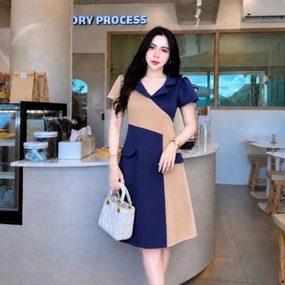 LR18_ชุดเดรสทรูโทน-กระโปรงบานทรงเอเสื้อคอวี เรียบหรูดูดี ผ้าวูลเวฟใส่สบาย