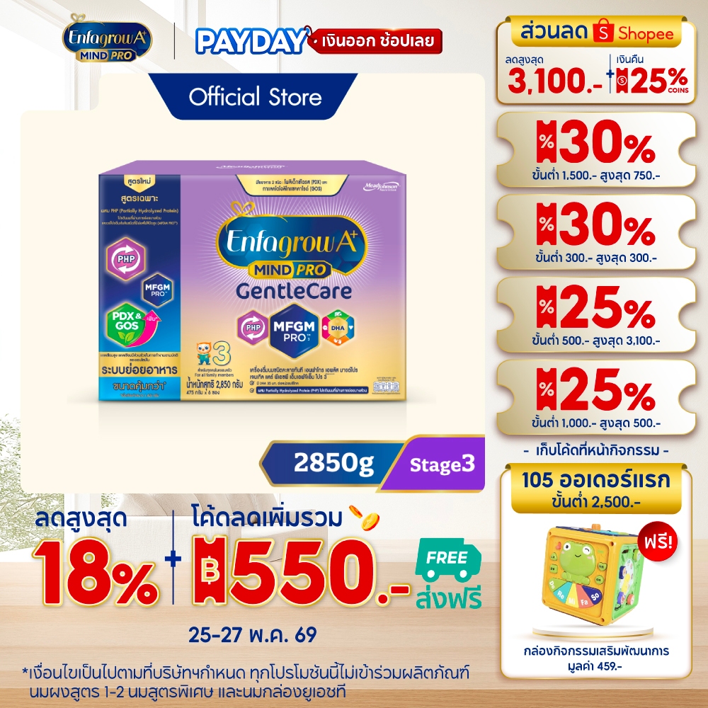 นมผง เอนฟาโกร เอพลัส มายด์โปร เจนเทิล แคร์ สูตร3 (2850 กรัม) Enfagrow A+ MindPro Gentle Care Stage3 (2850 g)