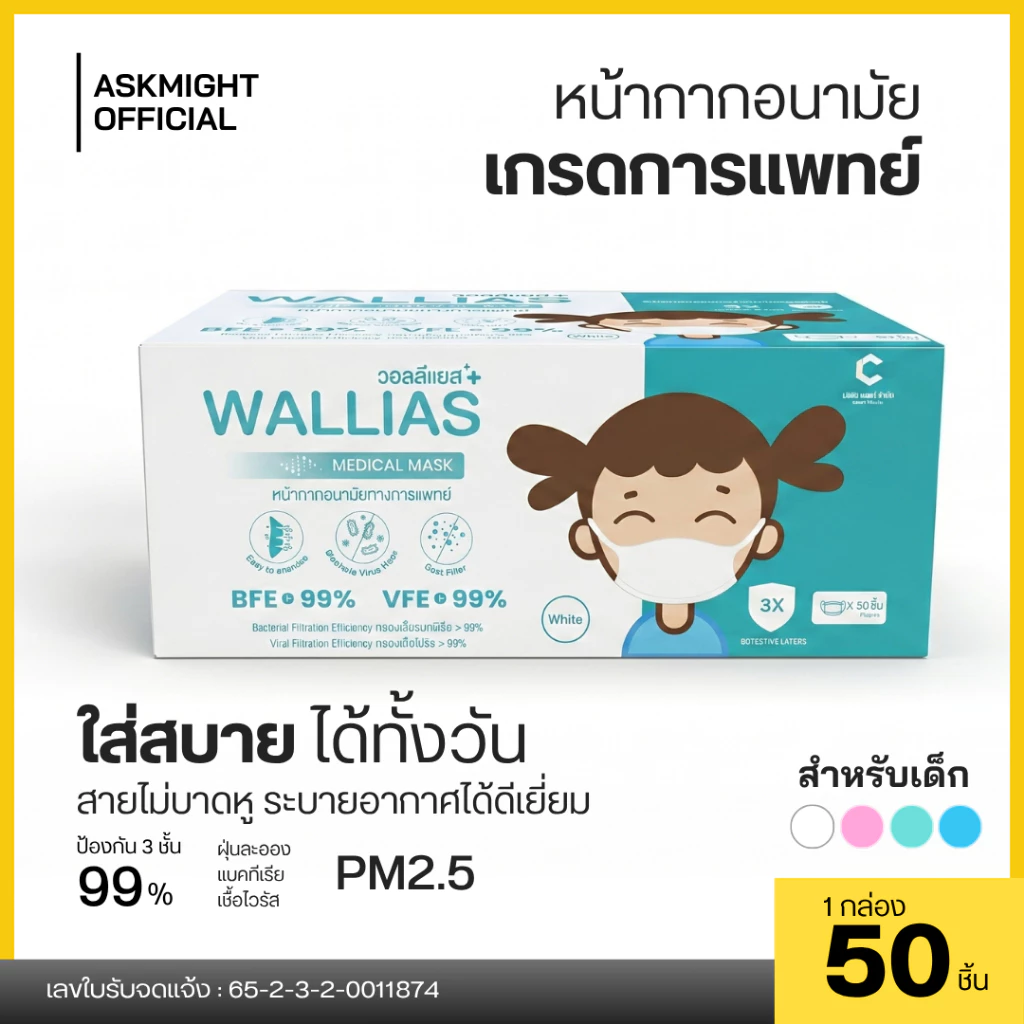 หน้ากากอนามัยเด็ก Mask KID ยี่ห้อ Wallias หน้ากากอนามัย หนา 3ชั้น แมสของเด็ก พร้อมส่ง