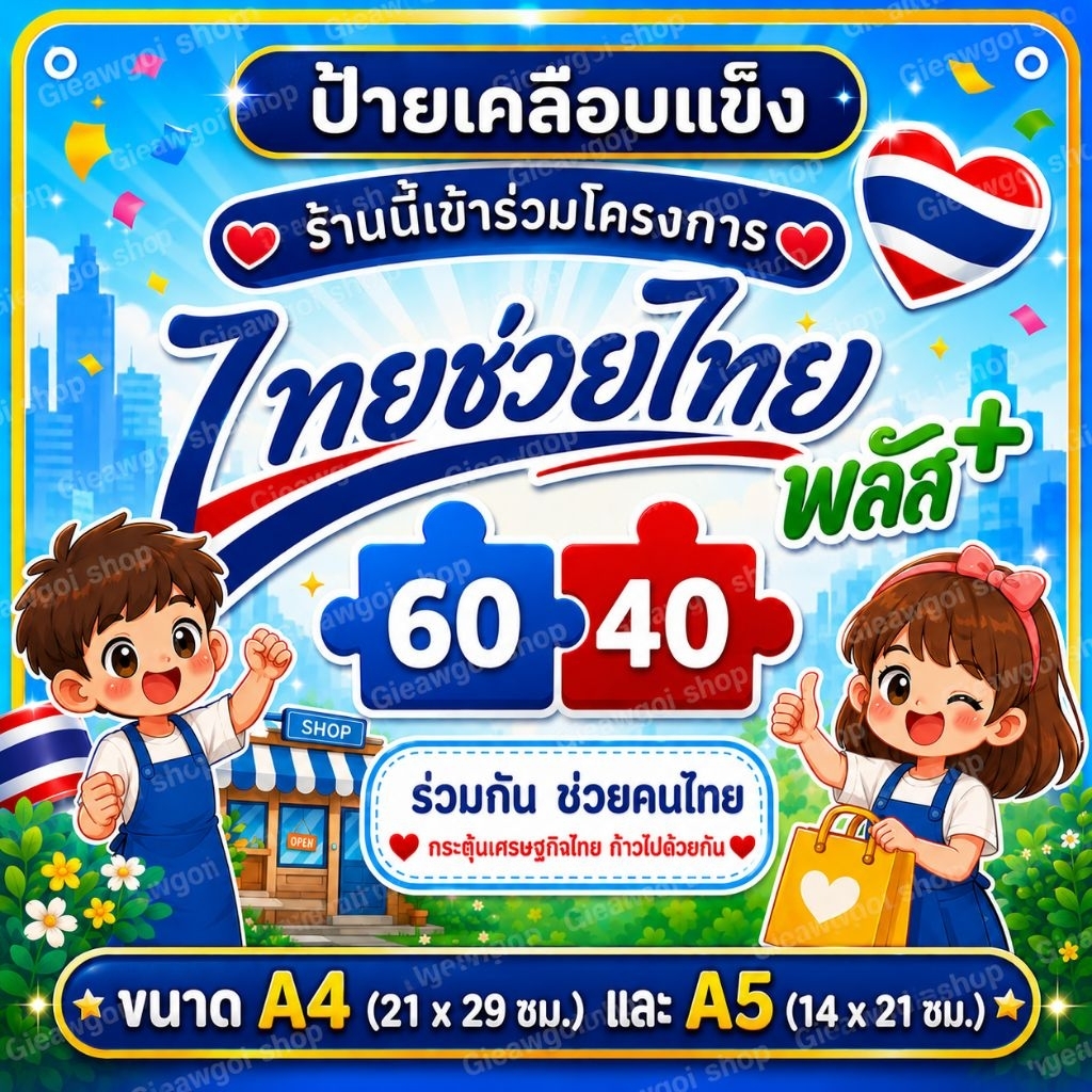 ป้ายเคลือบพลาสติก ป้ายเข้าร่วมโครงการไทยช่วยไทย พลัส 60/40 ป้ายเคลือบแข็ง A4-A5