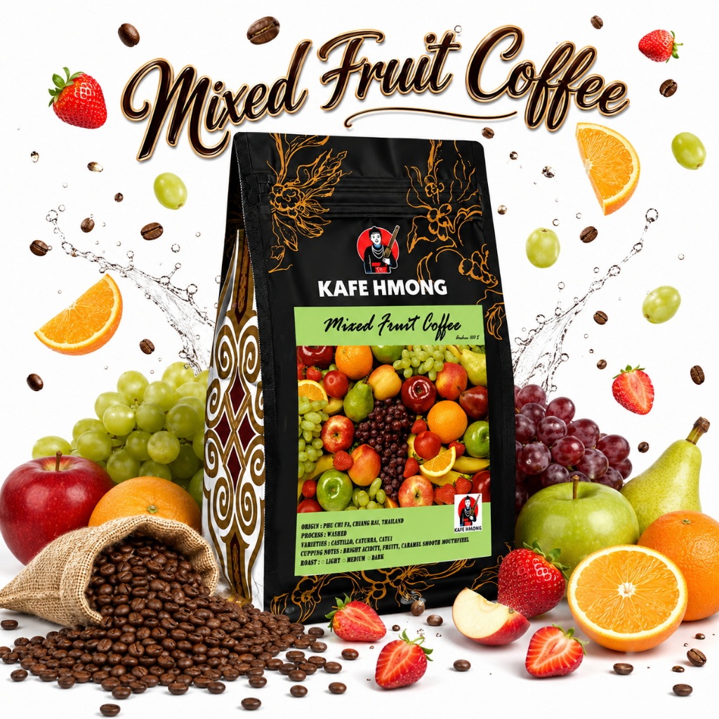 Mixed Fruit Coffee  สีเขียว เมล็ดกาแฟคั่วAA เมล็ดกาแฟโทนช็อกโกแลต ถั่ว