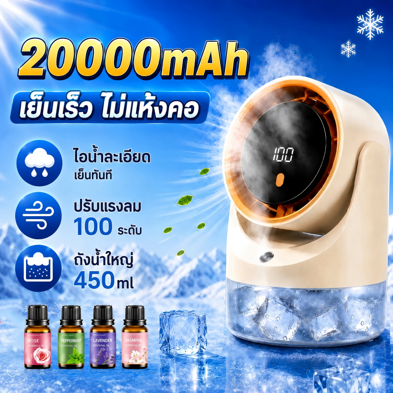 ❄รับประกัน10ปี❄พัดลมไอน้ำ พัดลมไอเย็น ถังเก็บน้ำ 450ml เติมน้ำแข็ง3วินาทีลดลง 16°c มอเตอร์ไร้แปรงเยอรมัน พัดลมแอร์เย็น