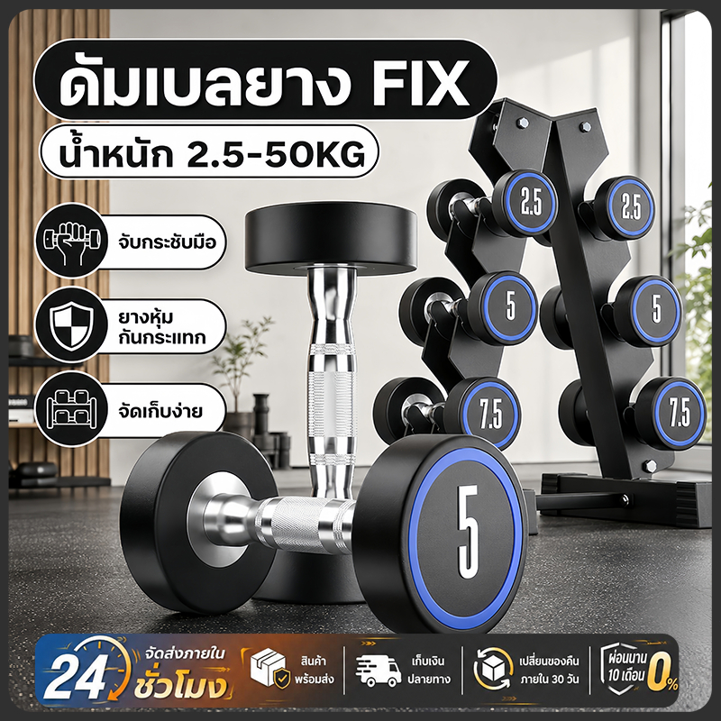 🚚จัดส่งฟรี ดัมเบลยาง 2.5-12.5KG เกรดยิม ดัมเบล แบบกลม ดัมเบลออกกำลังกาย ดัมเบลเกรดฟิตเนส Fixed Dumbbell