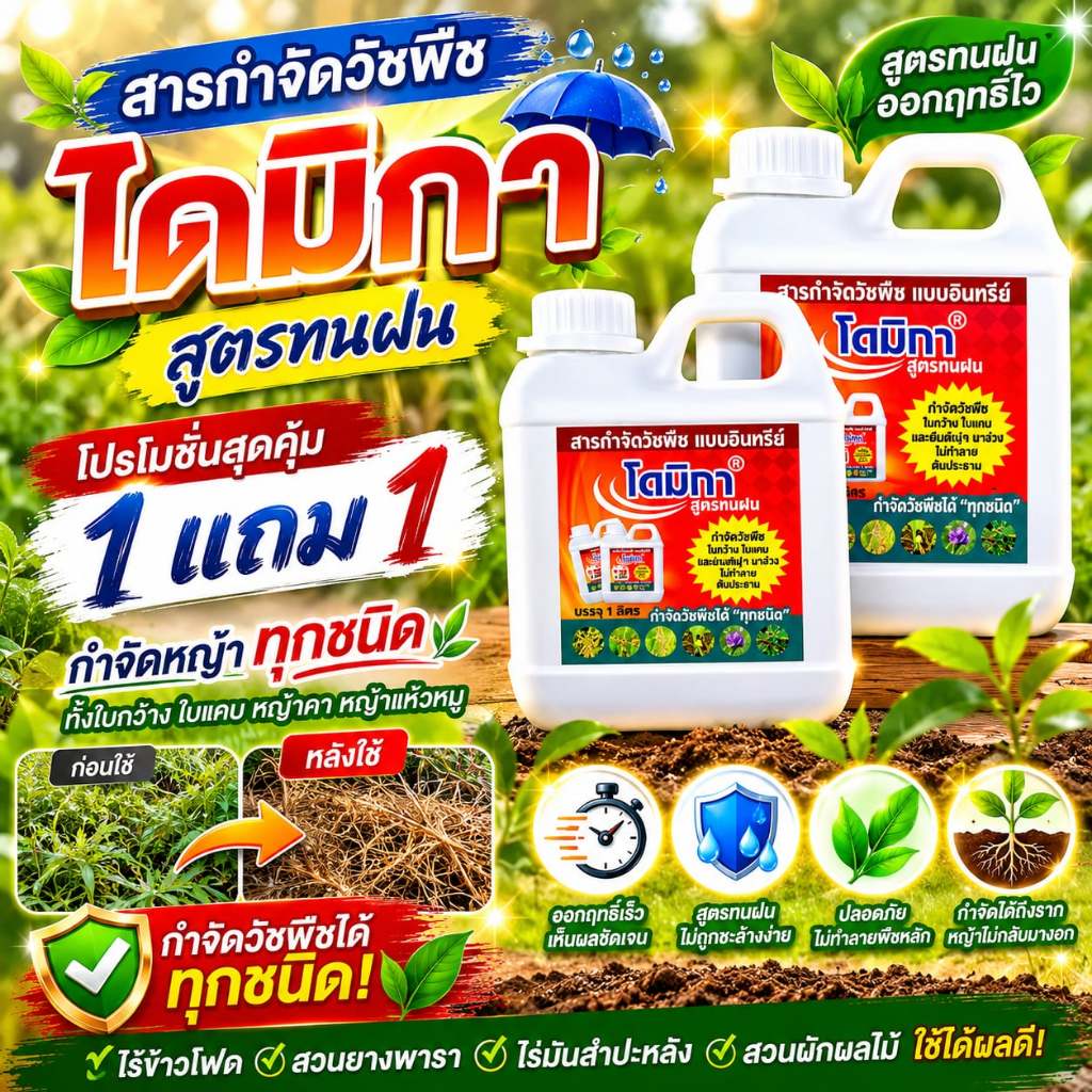 โดมิกา สารกำจัดวัชพืชอินทรีย์ 100% สูตรทนฝน เห็นผลเร็ว ซื้อ 1 แถม 1 ข้าวไม่ตาย กำจัดข้าวนก หญ้าคา ข้าวดีด