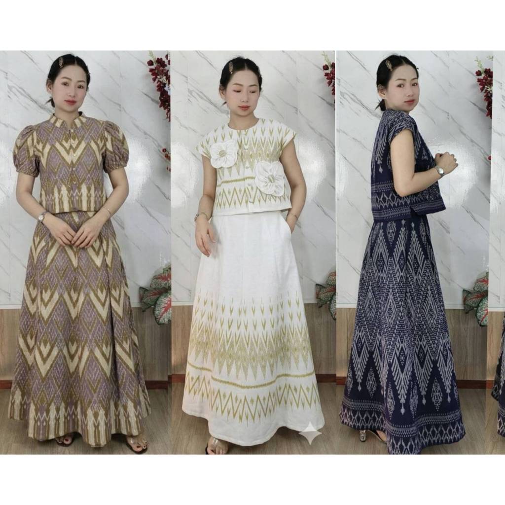 KIK PH FAI .เสื้อคอกลมแขนลํ้า+กระโปรงต่อย้วย8ชื้น(ซิปหลังมีกระเป๋า2ข้าง
