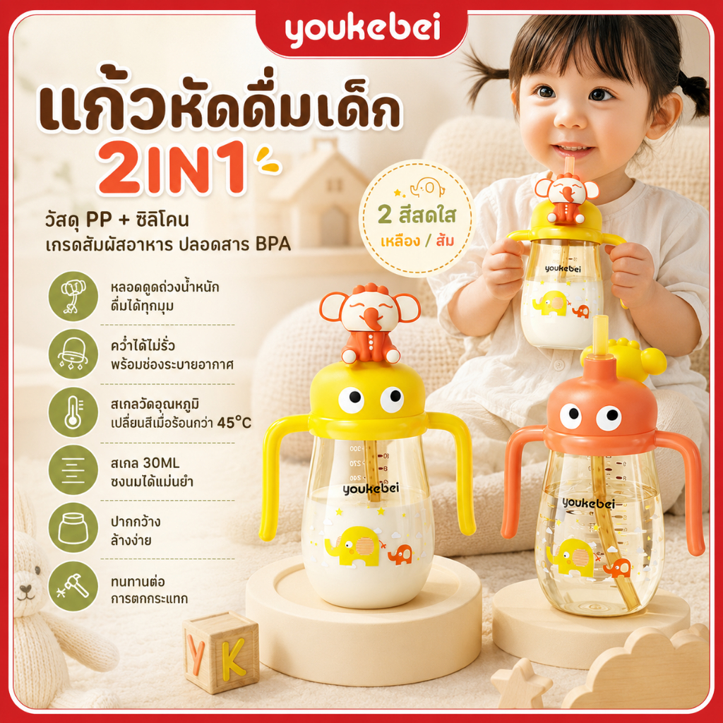 Youkebei แก้วหัดดื่มเด็ก 300ml วัสดุ PP ปลอด BPA กันรั่ว กันหก สามารถใช้เป็นขวดนมได้ 1-3 ปี