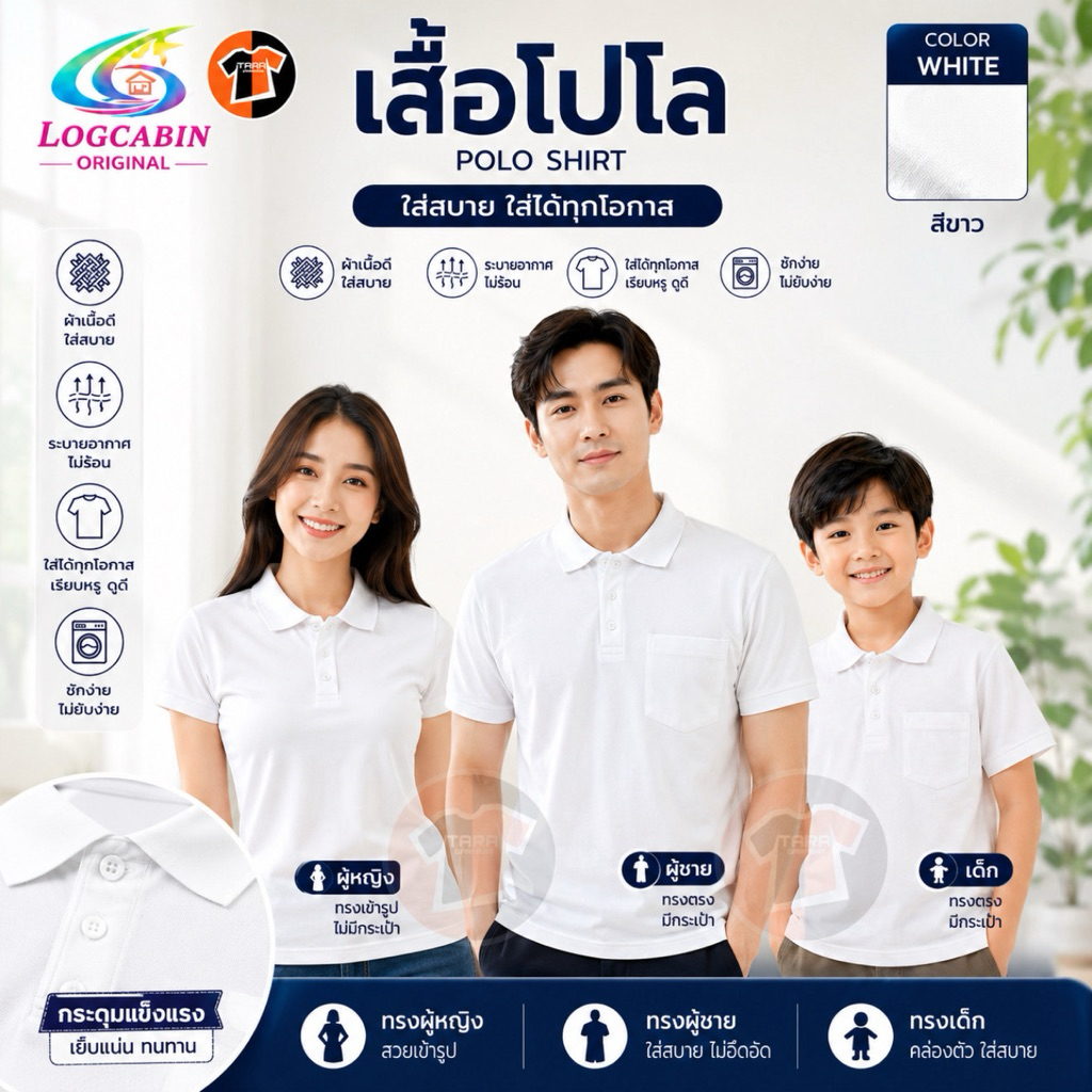 เสื้อโปโล Logcabin 9002-สีขาว เนื้อผ้าจูติ TC ทรงสวย ใส่สบาย ไม่ร้อน