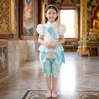 ชุดไทยเด็ก รุ่นเสื้อแขนระบาย+โจงกระเบน+สไบเด็กผู้หญิง รวม 3 ชิ้น *ไม่รวมเครื่องประดับ*