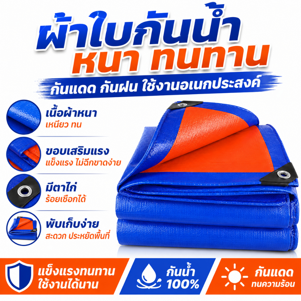 【Peak Go】ผ้าใบ PE อเนกประสงค์ น้ำหนักเบา ทนทาน กันน้ำได้ดี กลางแจ้งผ้าคลุมกันฝนผ้าม่านกันแดด