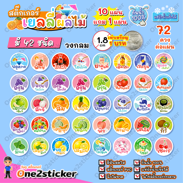 สติ๊กเกอร์ผลไม้เยลลี่ 42 ชนิด แผ่นละ 72 ดวง วงกลม 1.8 cm