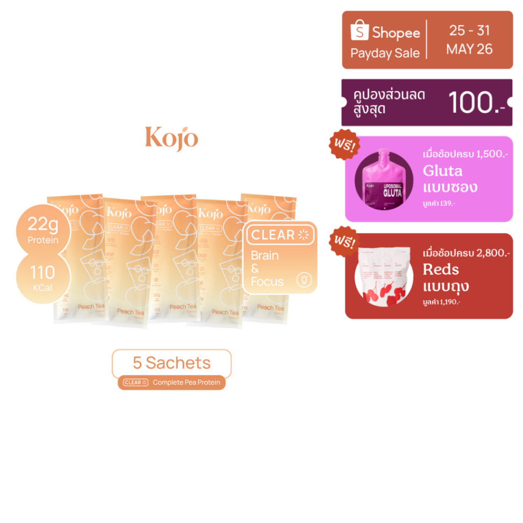 1 Box : Kojo Clear Protein 5 sachets โปรตีนพืชสูตรใส รสชาติชาพีช 1 กล่อง 5 ซอง