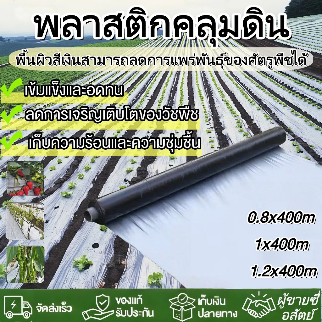 พลาสติกคลุมดินสีดำเงิน กว้าง 0.8/1.0/1.2เมตร เมตร ยาว 400เมตรพลาสติกกันวัชพืช มีรังสียูวี กันวัชพืช ปลูกผัก ปลูกผลไม้