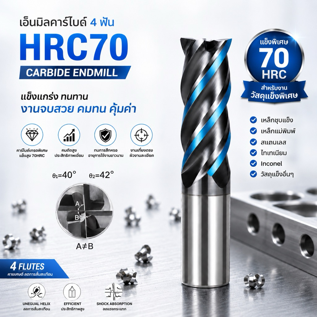 เอ็นมิลคาร์ไบด์ 4ฟัน แข็ง70HRC - CARBIDE ENDMILL คาร์ไบด์ HRC70เครื่องมือกลึง