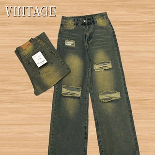 Vintage รุ่น 5079 กางเกงยีนส์ ทรงกระบอก แต่งเฟดขา แต่งขาด สีสนิม ทรงสวยผ้าไม่ยืด