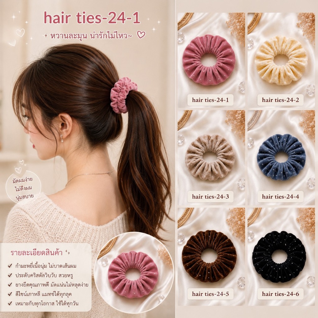 Velvet Dreamy Crystal Scrunchie ยางมัดผมกำมะหยี่ประดับเพชรสุดละมุน หรูหรา สไตล์คุณหนูเกาหลี ใส่แล้วดูแพงทุกลุค