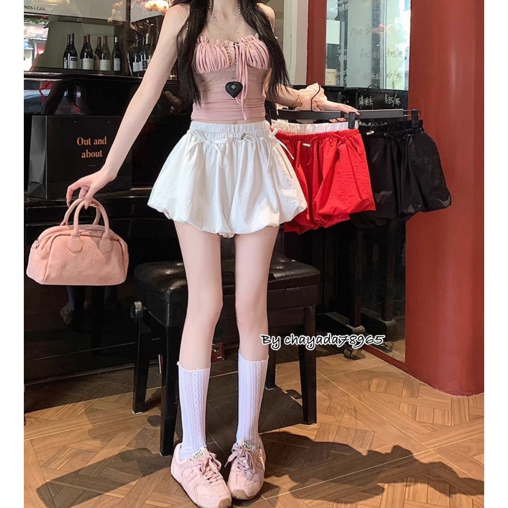 5527 #กางเกงทรงบอลลูน หริอทรงฟักทอง เอวยางยืด2 ชั้นแต่งโบว์ด้านหน้า
