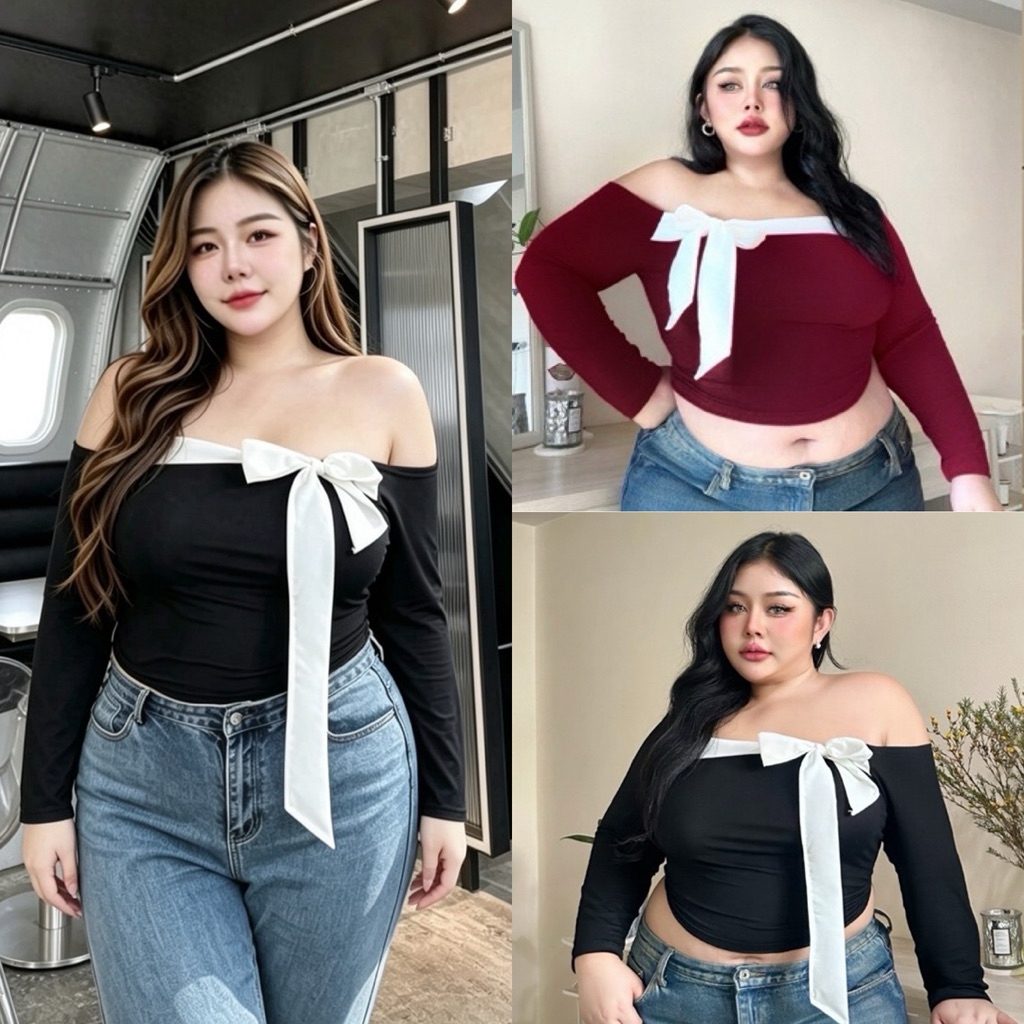 /TB/เสื้อสาวอวบ ปาดไหล่ แต่งโบว์ยาว น่ารักมาก #เสื้อผ้าไซส์ใหญ่ สาว อ้วน พลัสไซส์