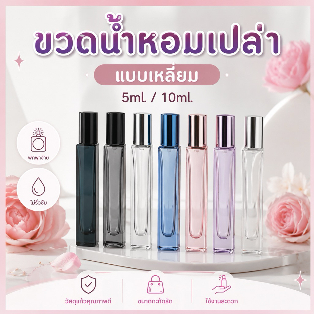 พร้อมส่ง 🔥 ขวดน้ำหอมเปล่า ขวดแบ่งน้ำหอมสี่เหลี่ยม ขวดแก้วใส่น้ำหอม ขวดเปล่าสเปรย์ ฝาหมุนเติมปิดเปิดง่าย 5ml,10ml