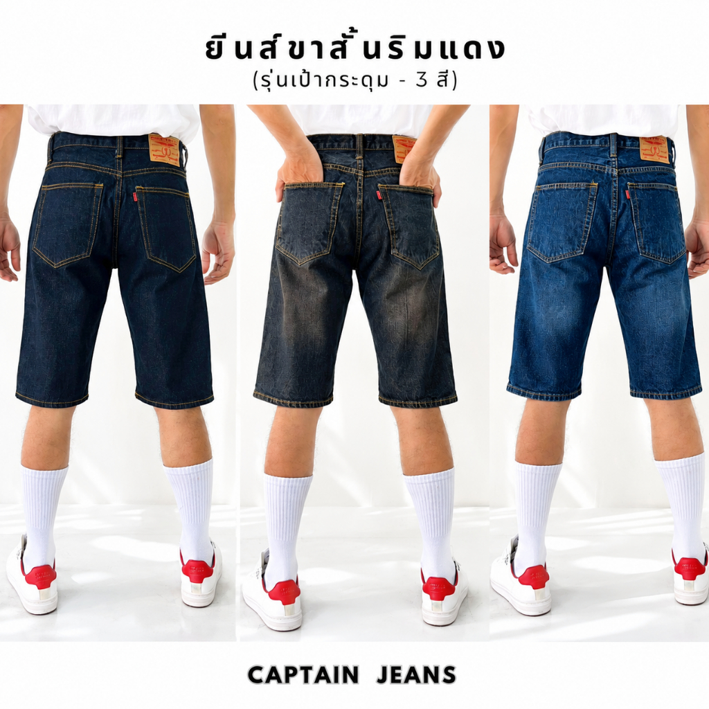 Captain Jeans กางเกงยีนส์ขาสั้นริมแดง 3 สี เป้ากระดุม (มีทั้งแบบไม่ขาด และขาด)
