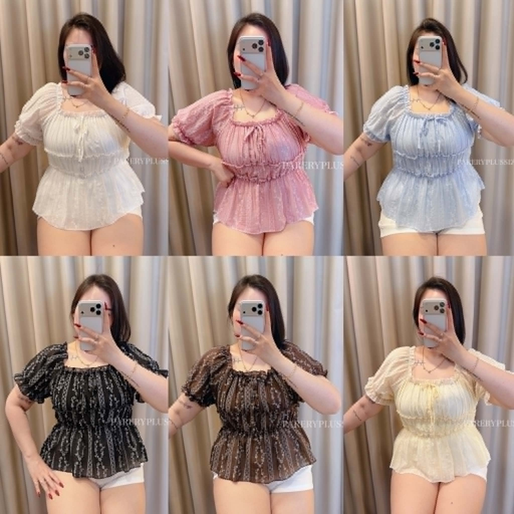 (อก 38-52) เสื้อแขนสั้นตุ๊กตาสาวอวบผ้าโรซี่ฉลุลายดอกสวยหวาน มีซับในใส่สบาย รุ่น - O15