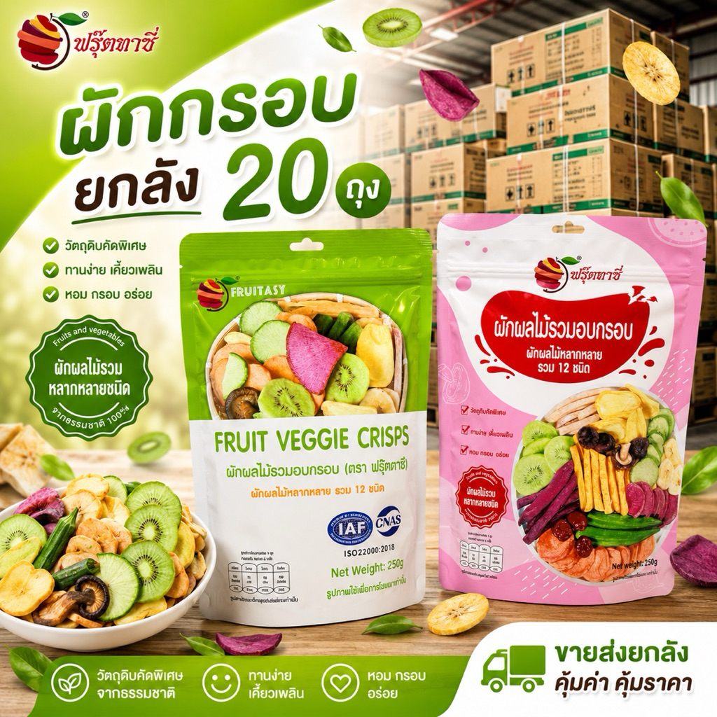 ยกลัง20ถุง📦Fruitasy ฟรุ๊ตทาซี่ ผักผลไม้อบกรอบ12ชนิด20ห่อ*250gขายส่งผักและผลไม้รวมอบแห้ง ขายส่ง果酥脆批发
