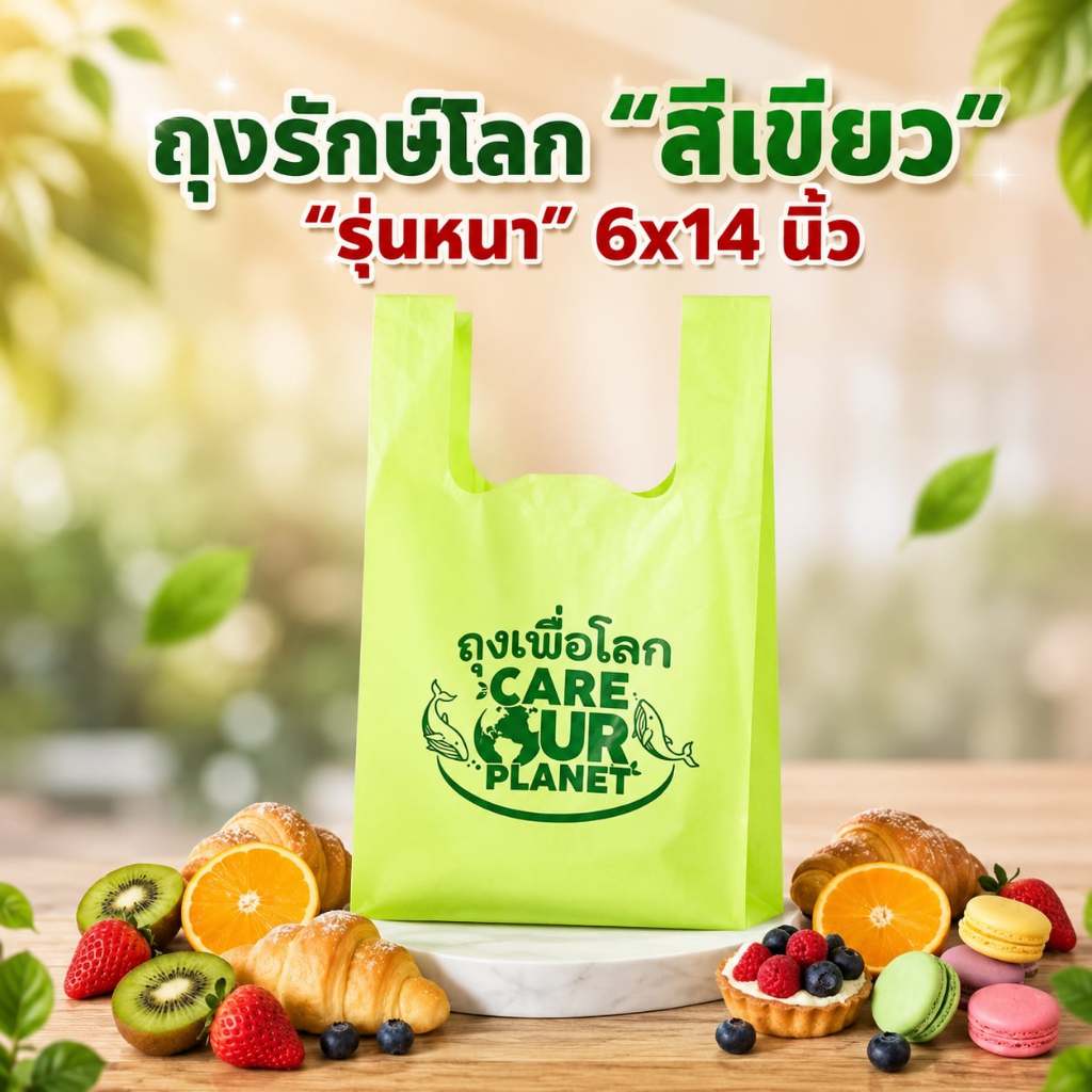 ถุงหูหิ้วรักษ์โลก 6x14 นิ้ว "รุ่นหนา" ถุงรักษ์โลกสีเขียว ถุงหูหิ้ว ถุงใส่ขนม ถุงใส่ของ ถุงรักษ์โลก ถุงหูหิ้วคุณภาพดี