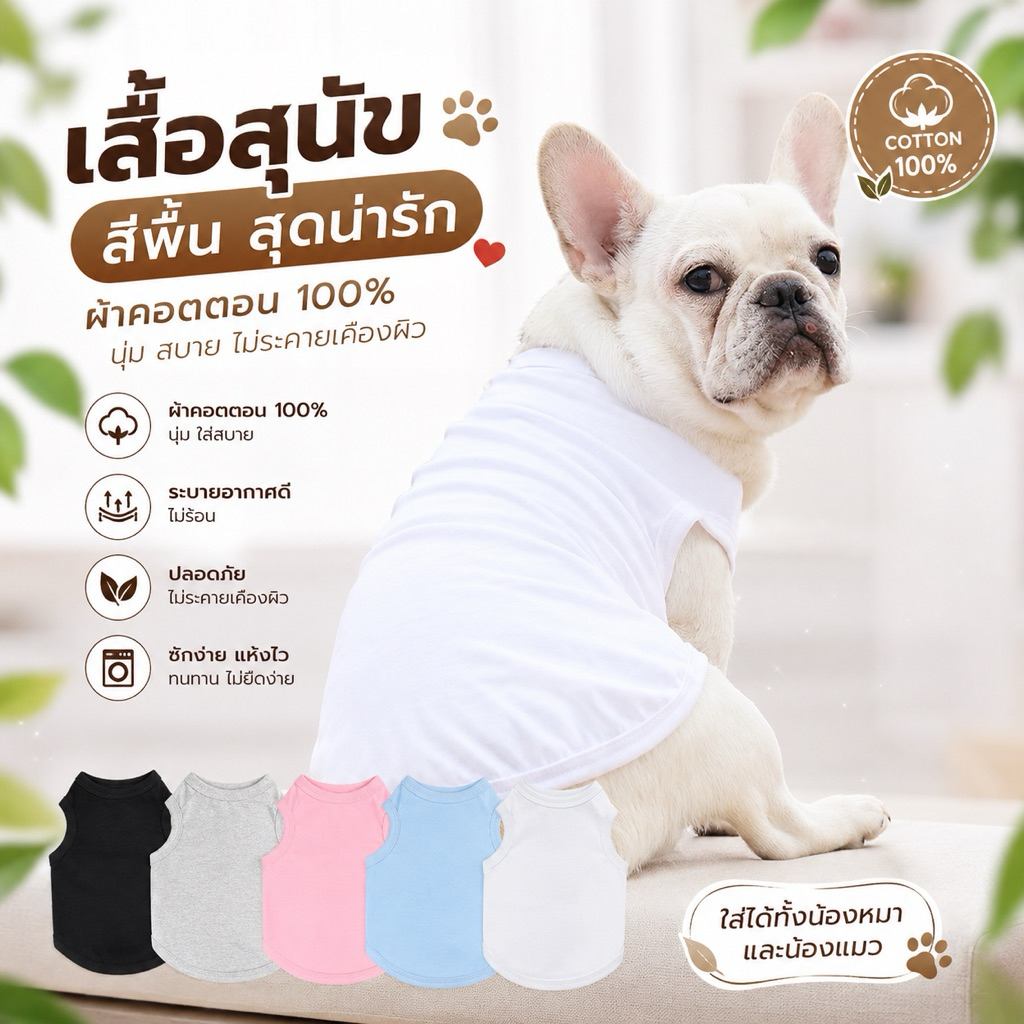 🇹🇭พร้อมส่ง🇹🇭 เนื้อผ้า cotton💯 เสื้อผ้าสุนัข สีพื้น ผ้ายืด ใส่สบาย เอาไปสกรีนลายได้