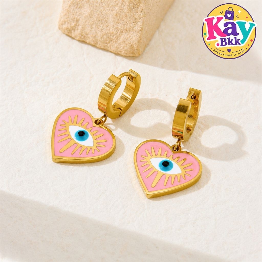 ต่างหู Evil Eye เครื่องราง ตาปีศาจ ต่างหูสายมู ต่างหูนำโชค เครื่องประดับผู้หญิง (หัวใจชมพู) (EA-003)