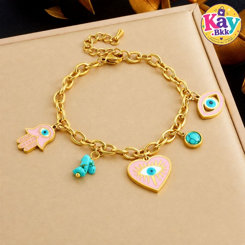 สร้อยข้อมือ Evil Eye สายมู ตาปีศาจ เครื่องราง กำไลนำโชค ปรับขนาดได้ เครื่องประดับผู้หญิง (หัวใจชมพู) (BR-005)