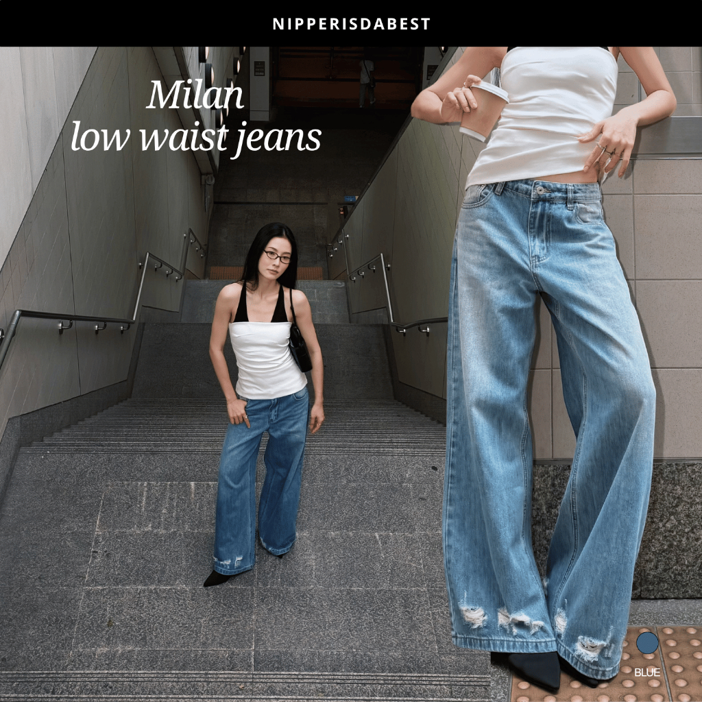 NIPPERISDABEST กางเกงยีนส์รุ่น Milan low-waist jeans เอวต่ำ สียีนส์ แต่งขาด #NPJ709