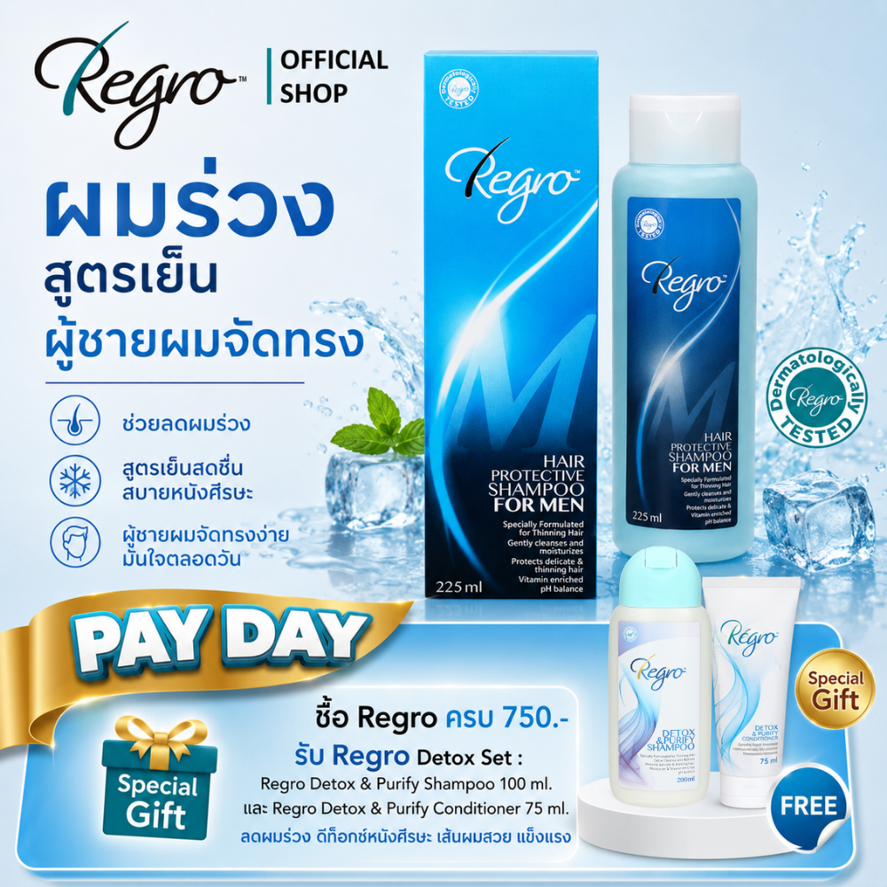 Regro Shampoo for Men 225 ml. แชมพูลดผมร่วงสำหรับผู้ชาย ให้ผมนุ่ม จัดทรงง่าย สูตรเย็น