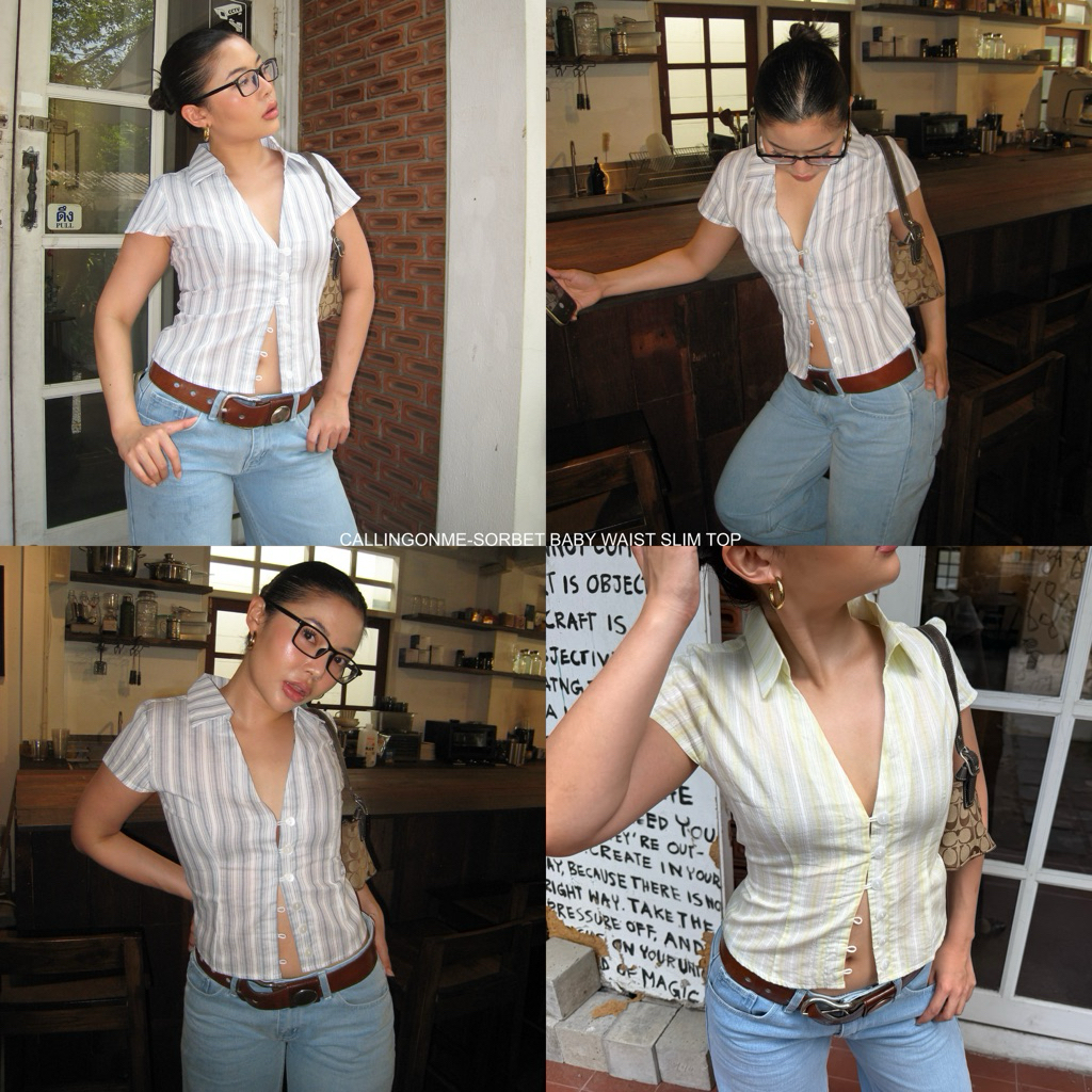 callingonme-sorbet baby waist slim top เสื้อทรงเข้ารูปสลิม ผ้าบางลายริ้ว ผูกหลัง